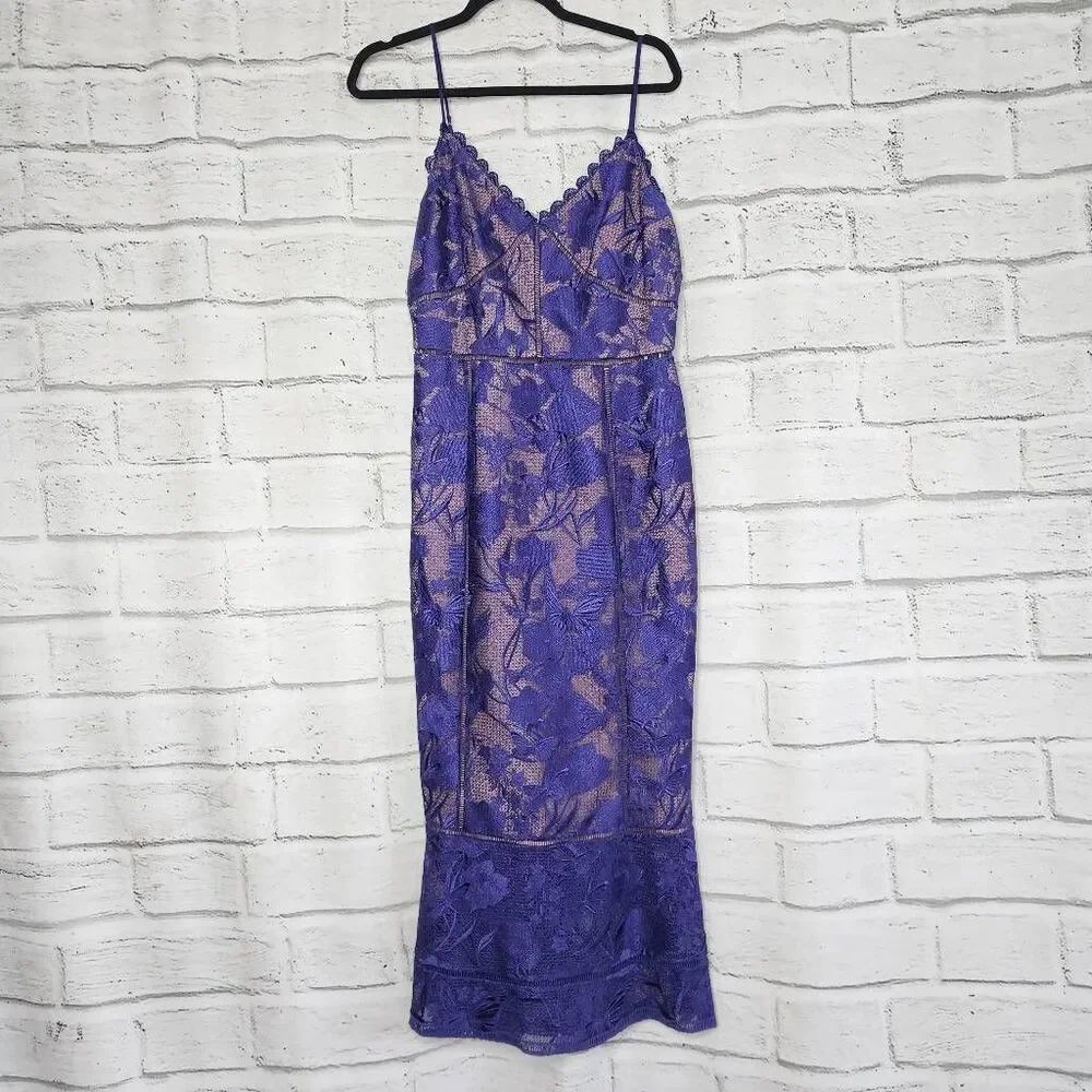 Marchesa Notte Womens Purple Lace Sleeveless V-Neck Formal Sheath Dress Size 10
